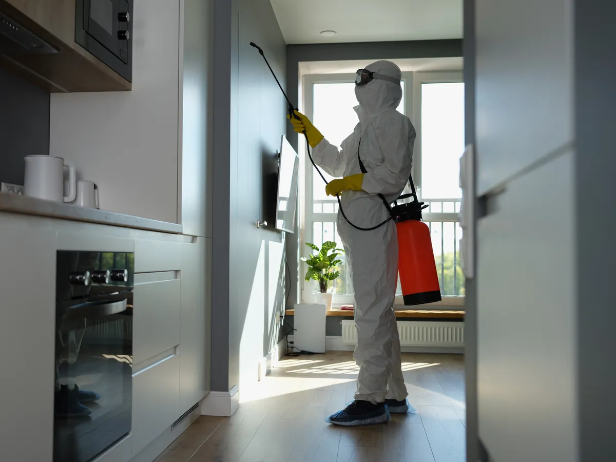 Technicien en combinaison de protection qui traite la cuisine d’un appartement