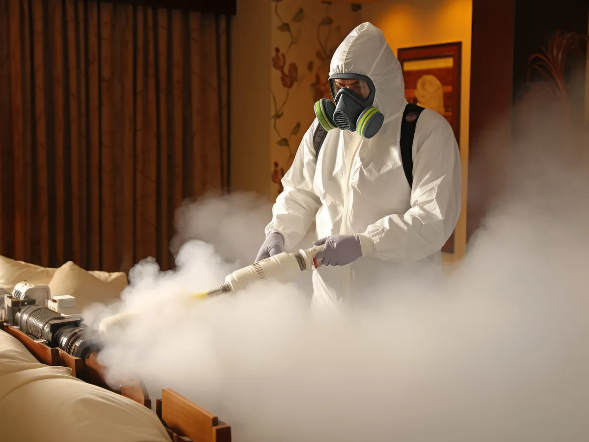 Technicien en combinaison de protection qui traite un canapé à la vapeur